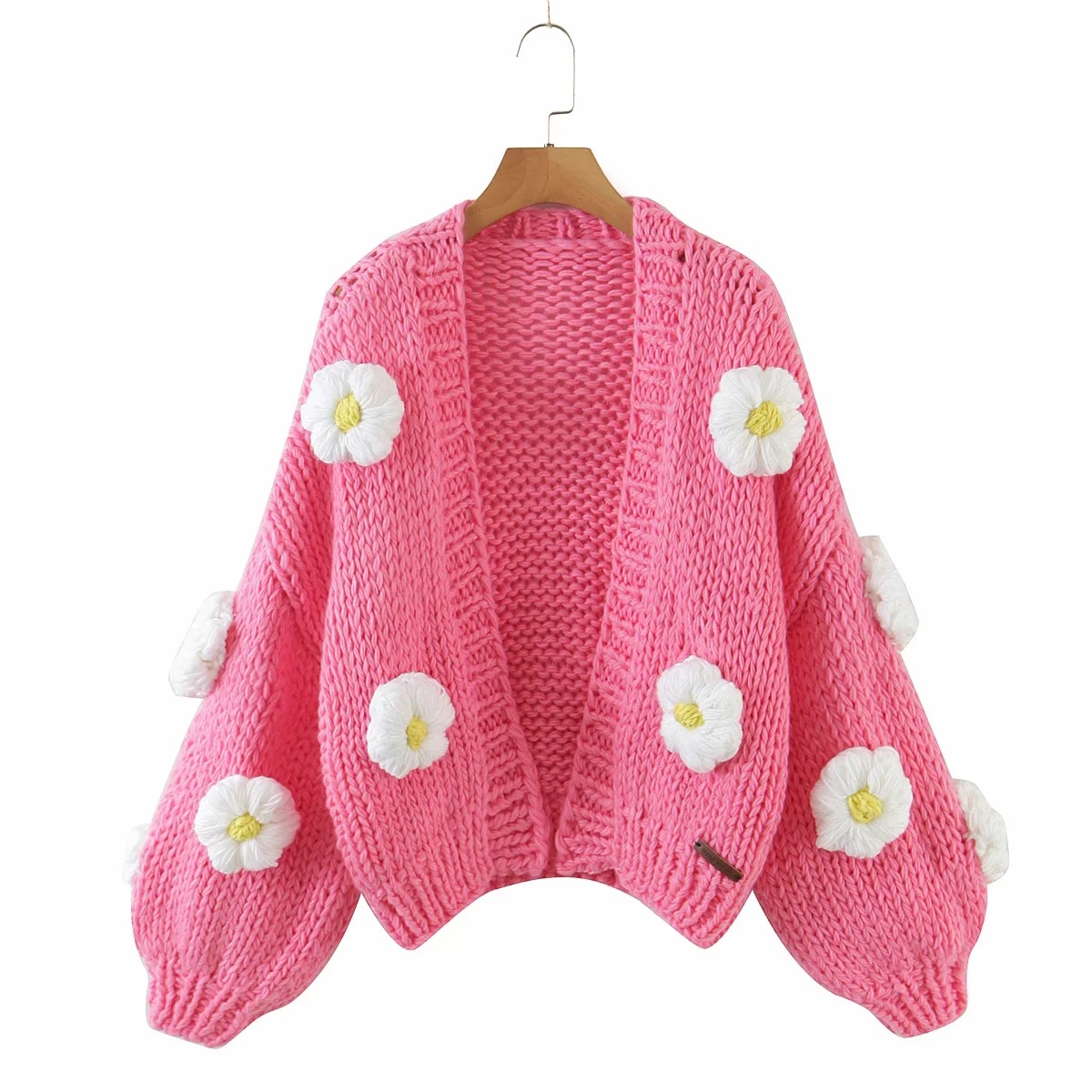 Abrigo de suéter para mujer 2021 Otoño e Invierno Nuevo estilo perezoso europeo y americano patrón tridimensional hilo grueso ganchillo abrigo hecho a mano de cintura alta