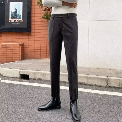 Pu Shuai Mei Británico grueso de la vendimia lana negro gris patrón espiga tela cruzada Tweed slim fit traje flaco los hombres Pantalones