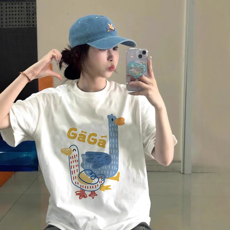 Fun Duck Print White Short-Sleeved T-Shirt for Women Summer 2025 New Hot Style Loose Lazy Style Pure Cotton Top