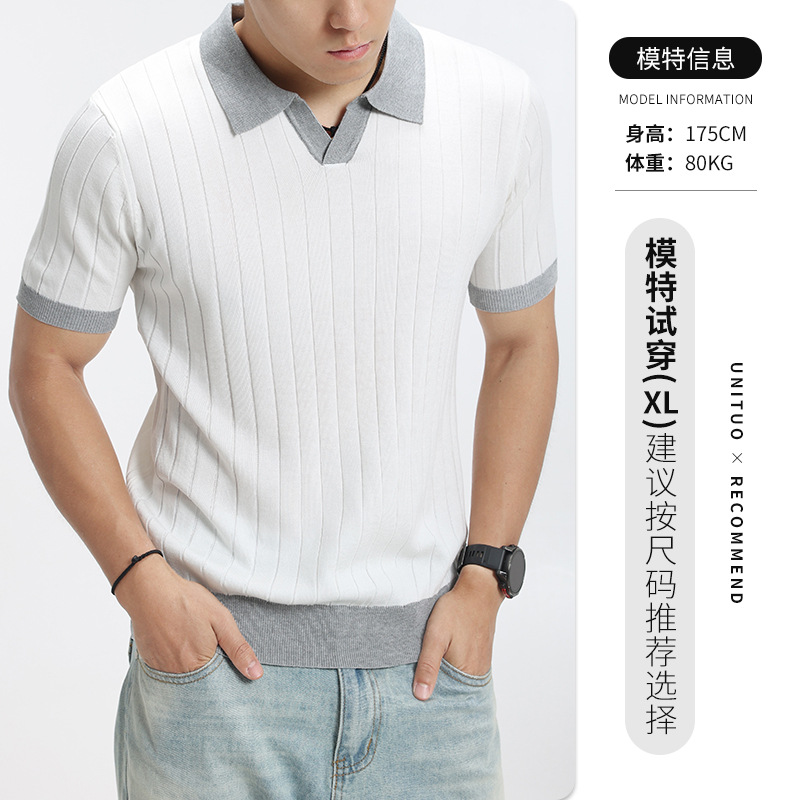 Europa y América cross-border pozo jersey polo hombre manga corta V-collar hielo seda de negocios casual alta sensación de ropa de hombre