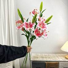 仿真百合花仿过胶手感3头大百合PU材质餐桌单枝摆件婚礼婚庆假花