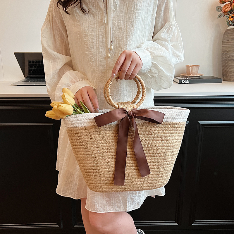 Bolsa de algodón trenzada para mujeres 2024 nueva moda de gran capacidad bolso de mano bolsa de balde de vacaciones casuales en la playa