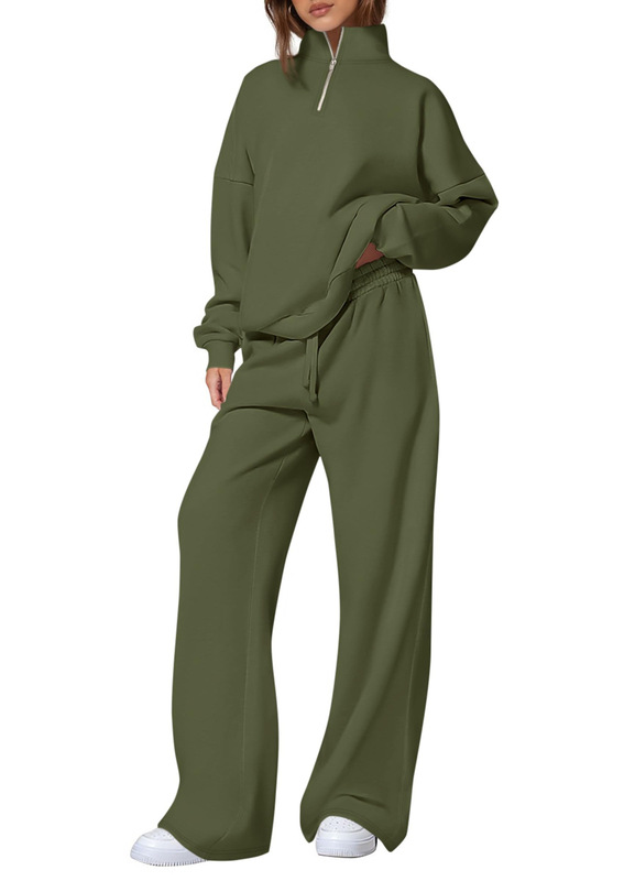 独立站女式休闲两件套2025秋冬季半拉链运动衫直筒裤运动服旅行套|undefined
