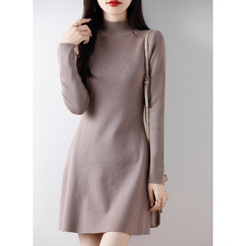 Half-turtleneck Knitted dress Women's Autumn and Winter Solid Color Slim-fit Inner Mid-length Hip Skirt Slim-fit Sweater Skirt
