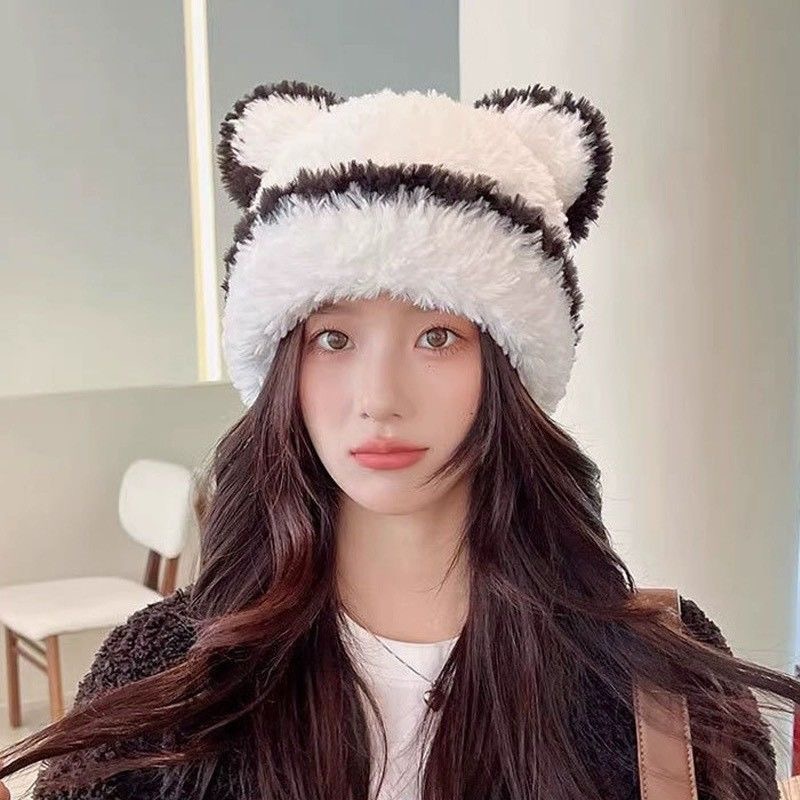 帽子女猫耳朵条纹毛线帽冬季帽子双毛球保暖帽皮标毛绒护耳针织帽|undefined