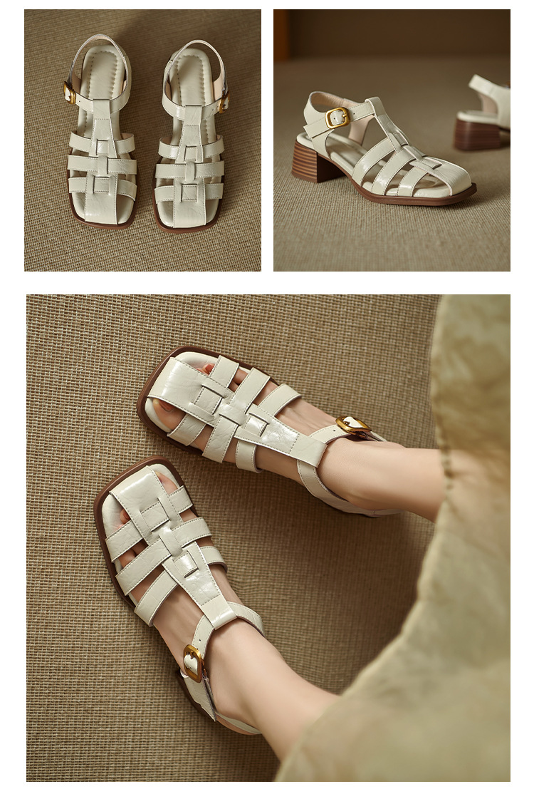 Sandal bít mũi nữ da thật kiểu Pháp cổ điển, gót trung dệt rỗng — Màu nâu, Màu đen, Màu trắng be chi tiết 9