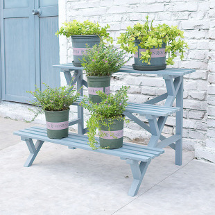 New Ladder-Type Three-Layer Solid Wood Flower Stand Mediterranean Balcony Garden Succulent Flower Pot Stand Outdoor Anti-Corrosion Multi-Layer Set