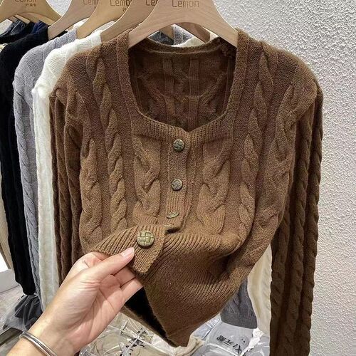Women's Autumn/Winter Round Neck Knit Sweater, Off-the-Shoulder V-Neck Cardigan, Thin Model Women's Short-Sleeve Top