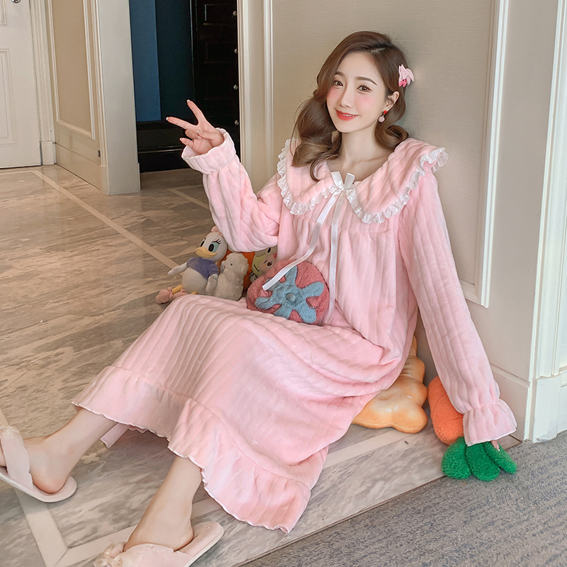 Invierno nuevo color puro camisón de franela las mujeres cálido coral fleece corte princesa vestido las