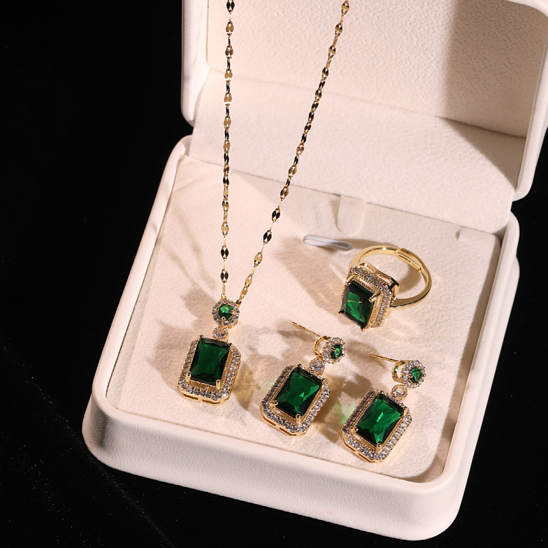 Collana Donna S925 Zircone Smeraldo Cristallo Orecchini Geometrici Orecchini Avanzati Set Temperamento Collare Catena_voghion.com