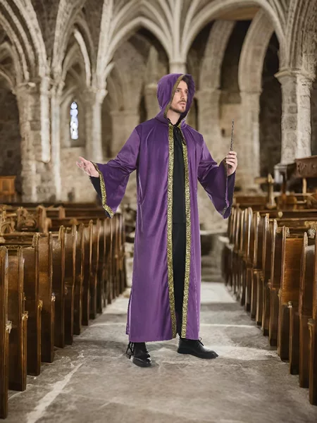 Halloween Unisex Wizard Cloak with Hood and Sleeves, Dutch Velvet Role-Playing Costume