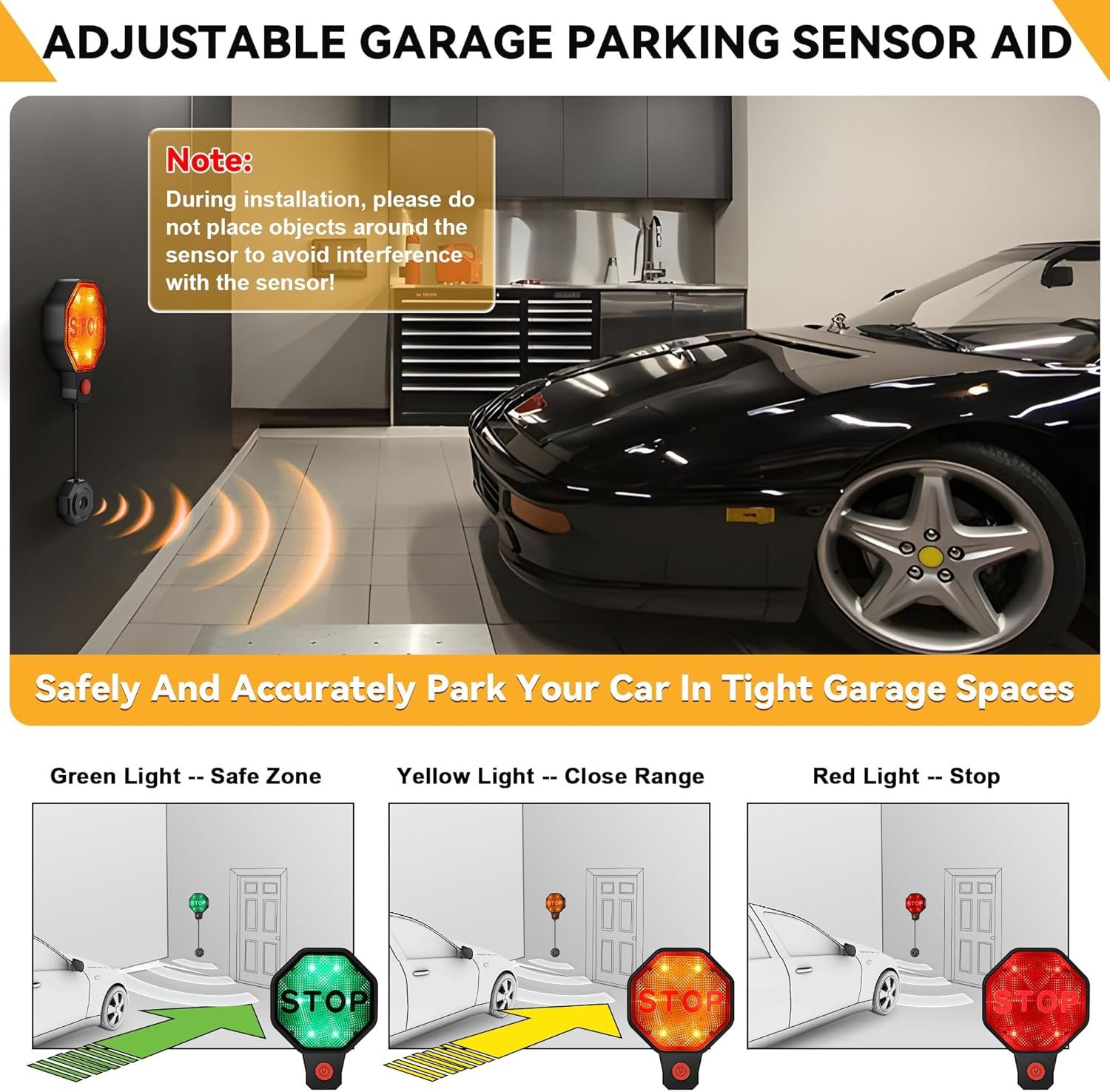 Adjustable Garage Parking Sensor Aid with Led Indicator Dual Power Rotary Connector