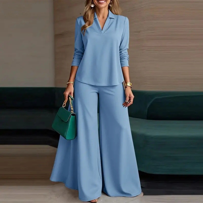 2026 Fashionable Women's Two-Piece Pants Set: Simple V-Neck Long Sleeve Top and Wide-Leg Pants - Women's Business Wear 4