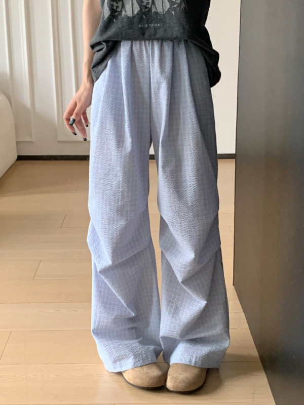 女性用レトロプリーツチェック柄パンツ、夏用薄手、ゆったりとしたカジュアルなフロアレングスパンツ、ゆったりとしたストレートレッグワイドレッグパンツ|undefined