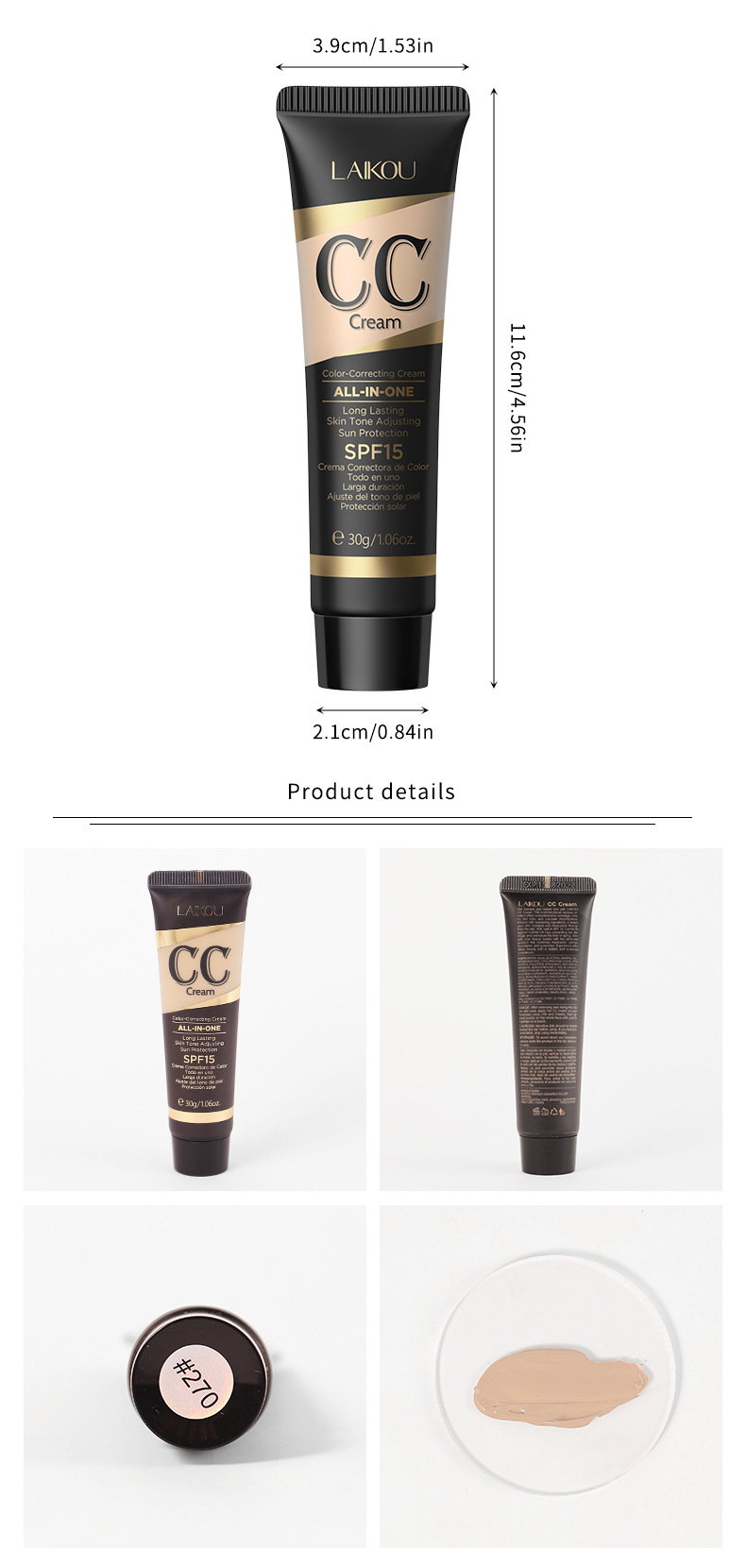 Cross-border temu version Laicome cc Cream 30g (tube) covers blemishes, contouring without smudging, moisturizing makeup manufacturer undefined