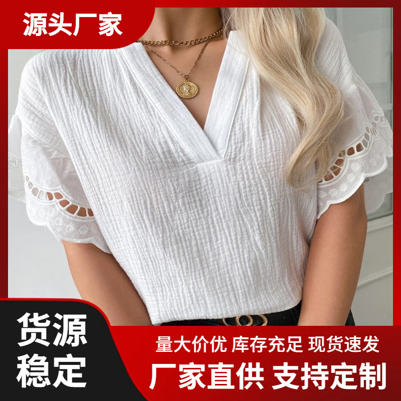 2023wish Cross-border Amazon Independent Station New Summer Lace Trim V-Neck Short Sleeve Casual Shirt