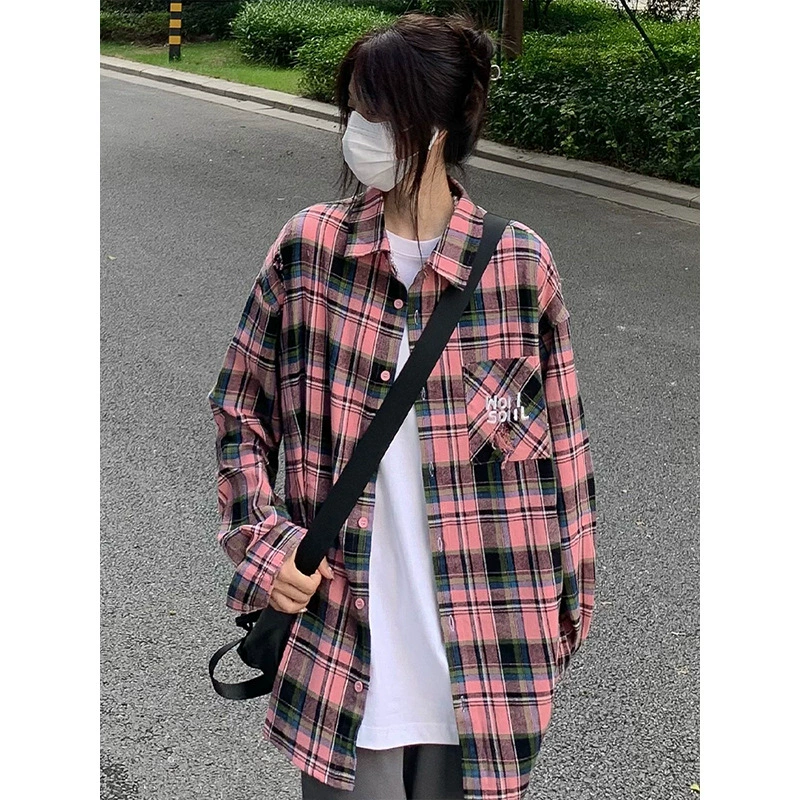 Японская древняя vintage клетчатая рубашка женская ранняя осень новый допамин носить рубашки поло пальто in