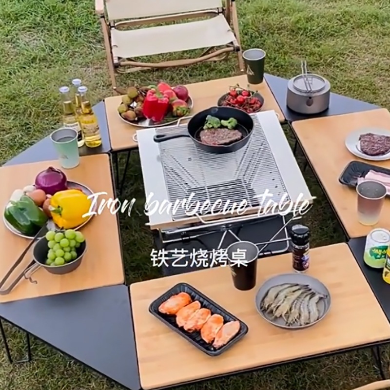 野营露营烧烤桌茶几铁桌沥水架野餐桌网格桌户外竹板桌子折叠网桌