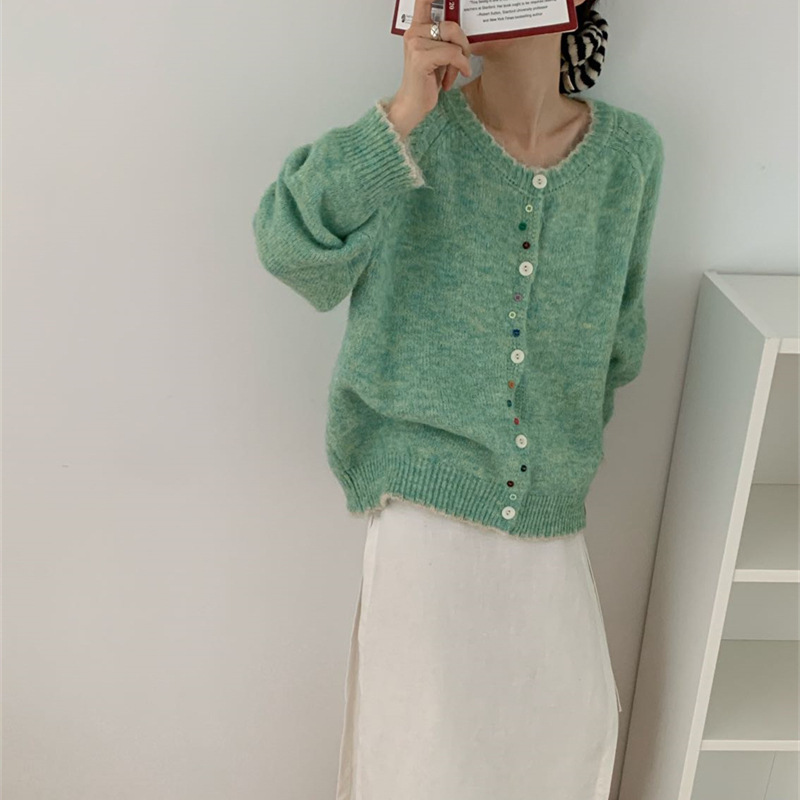 韩版撞色圆领彩扣设计感针织开衫女2025秋冬新款宽松小众毛衣外套|undefined