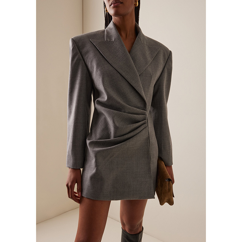 European and American Cross-Border New Product: Lapel Shoulder Pad Long-Sleeve Double-Breasted Hidden Button Blazer with Pleated Waist and Metal Cufflinks for Women