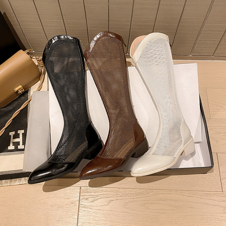 Boot nữ cổ cao da thật đế thô gót vuông ống lưới rỗng dây kéo sau — Màu nâu ống lớn, Ống nhỏ màu đen, Ống nhỏ màu nâu, Ống nhỏ màu trắng Be chi tiết 20