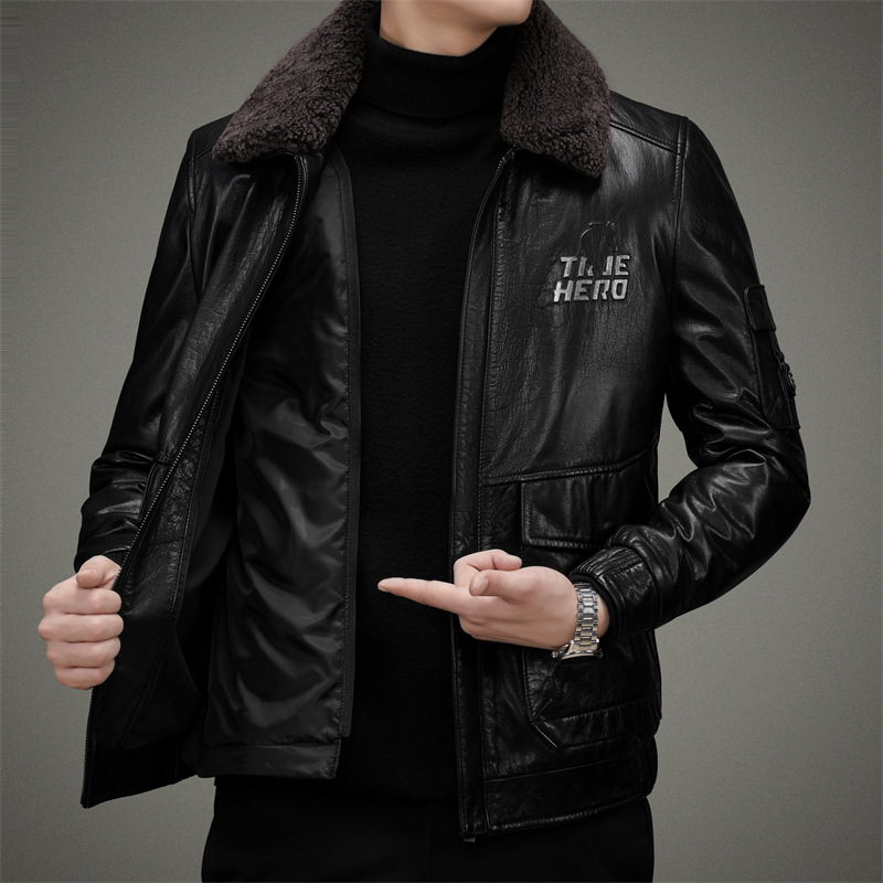 Genuine Leather down Jacket Short Haining First Layer Cowhide Winter Motorcycle Leather Jacket Men's Trendy Pilot Leather Jacket