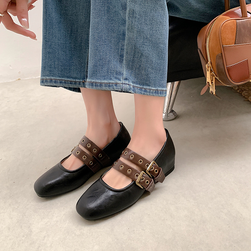 5cm de altura interior negro francés doble hebilla plana zapatos marigen 2024 nuevos zapatos de cuero suave para mujeres embarazadas