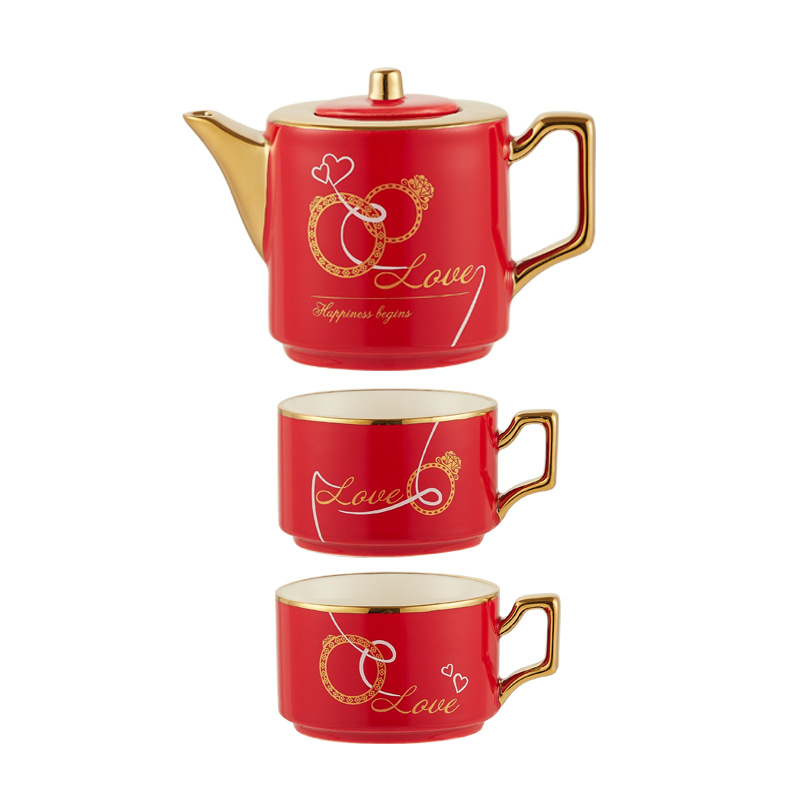 INS pareja flor juego de té regalo de boda chapado en oro taza de café tetera de cerámica taza de agua caja de regalo de boda traje