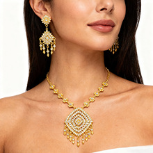 中东新娘首饰套装宫廷风金色满钻项链耳夹两件套异域风毛衣链配饰
