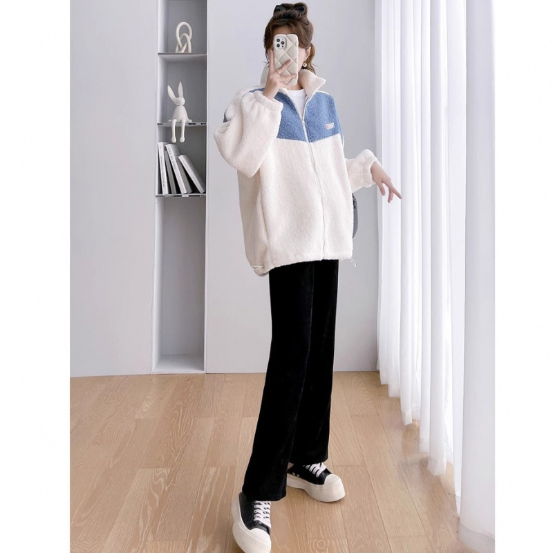 임산부 정장 가을 겨울 스웨터 플러스 벨벳 두꺼워진 스플라이싱 양모 캐주얼 재킷 핫맘 스타일 아우터 풀세트