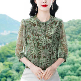 2025年夏季新款洋气减龄七分袖上衣女大码气质减龄妈妈印花衬衫