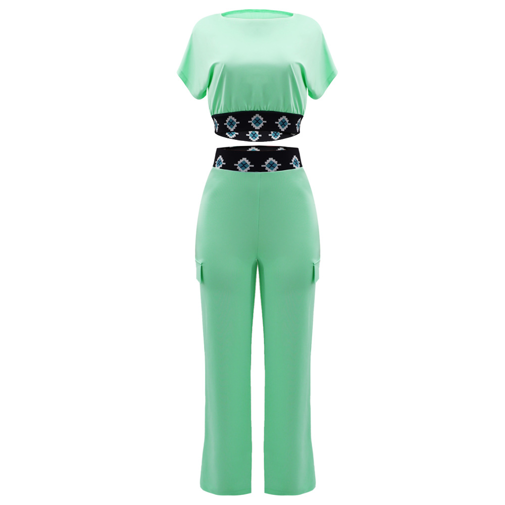Casual Short Sleeve Coat Women Summer Solid Color All Matching Loose Straight Trousers Two Piece Set