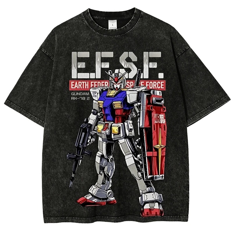 Gundam Rx-78-2 T-Shirt for Men Efsf Military Retro Acid-Washed Mecha Streetwear Oversized Vintage Mobile Set