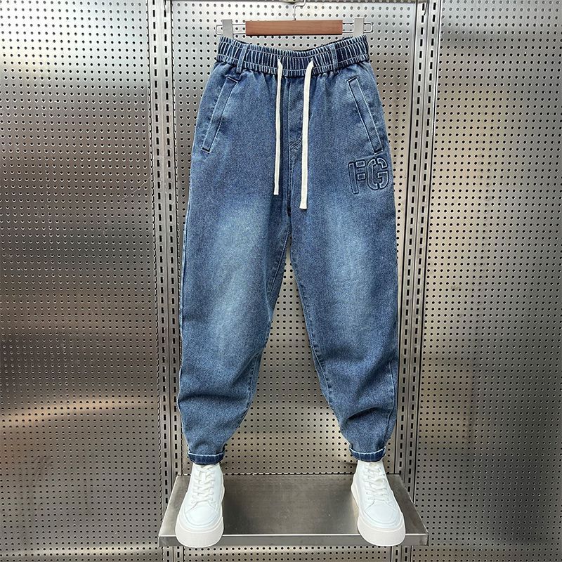 Drawstring tied denim jeans for men's 2023 summer new elastic loose Harlan leggings casual cropped pants_voghion.com