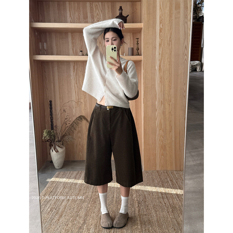 T-PLATFORM 2026 Autumn New Corduroy Cropped Wide-Leg Pants for Women, Vintage Loose Casual Pants 26137