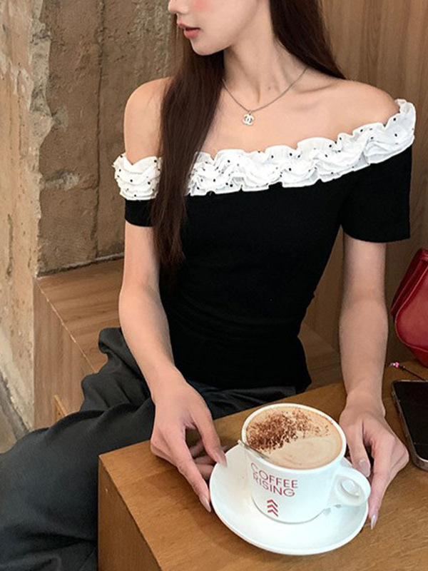 纯欲风短袖t恤女2025新款夏黑色显瘦法式设计感小众露肩斜肩上衣|undefined