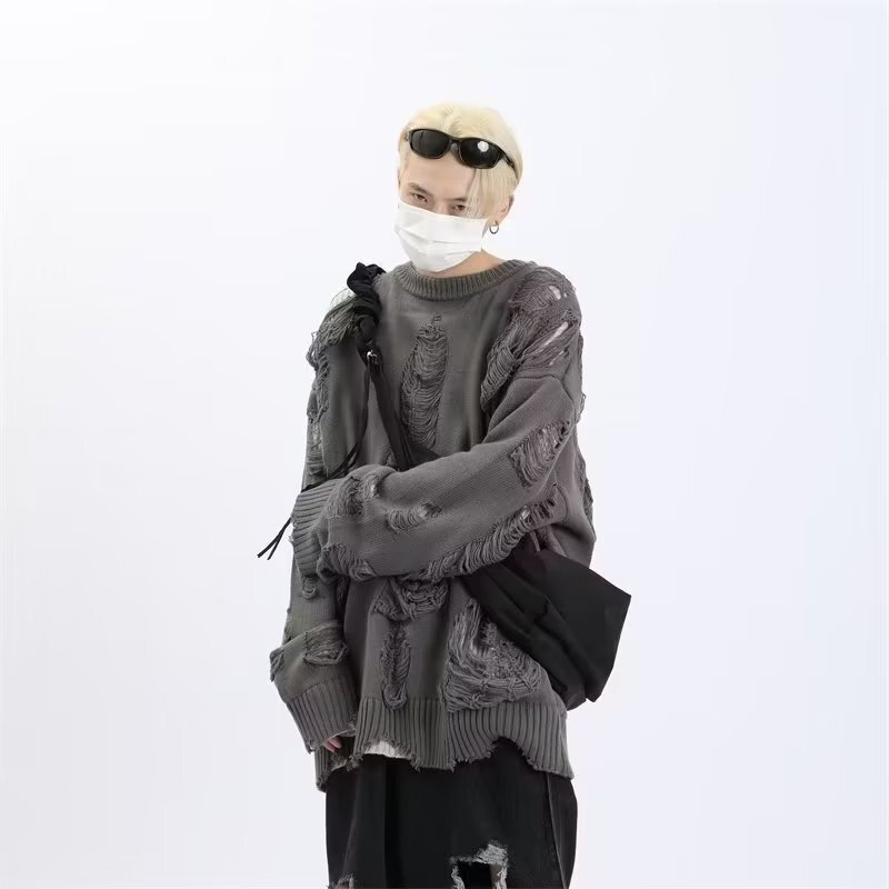 Fake Two-piece Sweater Men's Winter Thickened Hole Hollow Fashion Brand Double-sided Sweater Lazy Style Coat High-grade Sense