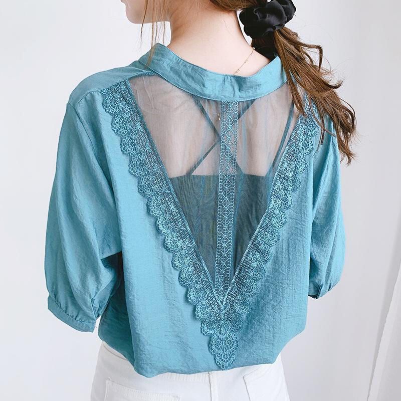 New European Station Back Lace Shirt Women's Short-sleeved Summer New V-neck Styish Loose Caution Mesh Shirt