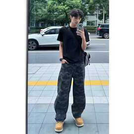 美式微喇迷彩裤男款春秋痞帅高级感裤子提裆高街伐木工装牛仔长裤