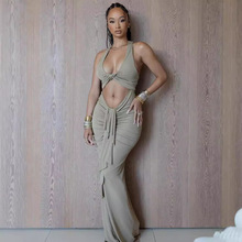 亚马逊跨境女装性感扭结镂空长裙褶皱绑带挂脖时尚无袖鱼尾连衣裙