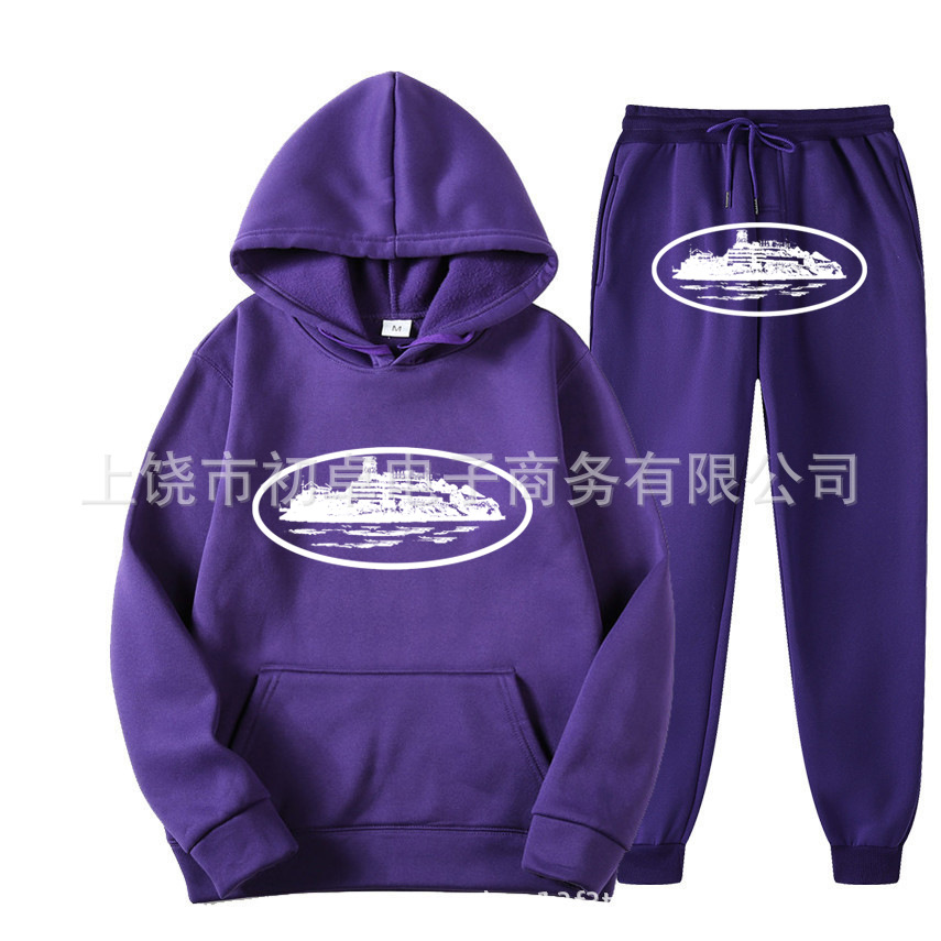 Europeo y americano clint419 diablo prisión patrón hombres y mujeres mismo suéter traje impreso con capucha conjunto de dos piezas al por mayor