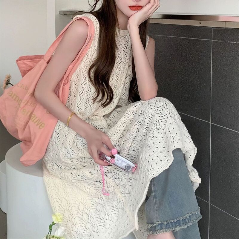 Hollow out sweater vest dress 2025 spring and summer back split front and back wear long pullover blouse women