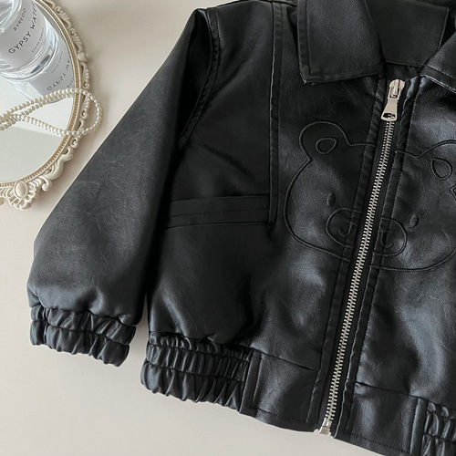 Children's Leather Jacket 2025 Spring Korean Style Casual Small and Medium Children's Flowered Bear Soft PU Jacket Top