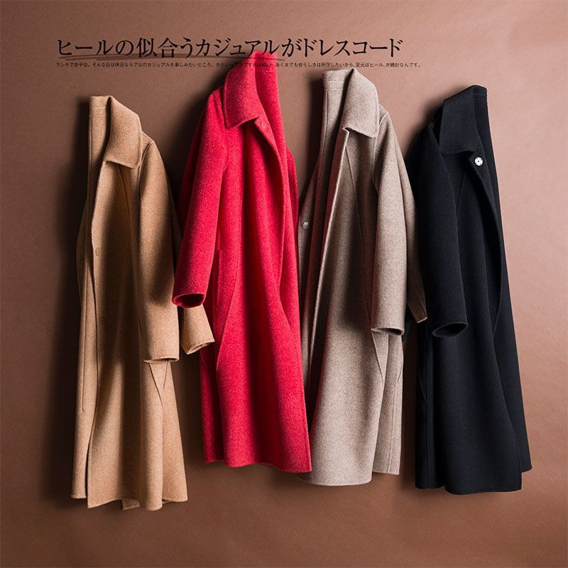 Abrigo de Lana de Largo Medio para Mujer Lana y Poliéster, Cuello Solapa, Holgado, para Otoño e Invierno