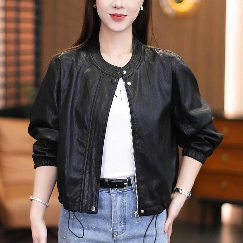 Áo khoác da ngắn cổ lông nữ dáng ôm, áo khoác da mềm lót lông — Cà phê đỏ với nhung, Lông cừu đen chi tiết 5