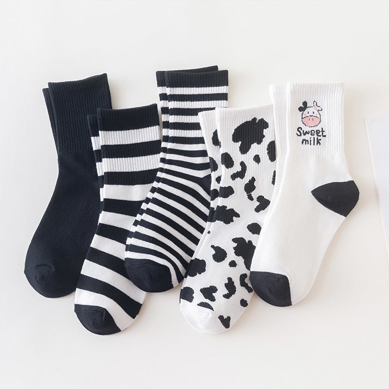 Socks Women's Mid-tube Socks Cow Cartoon Black and White Color Matching Socks Spring and Autumn Cute Trendy All-match Japanese Socks