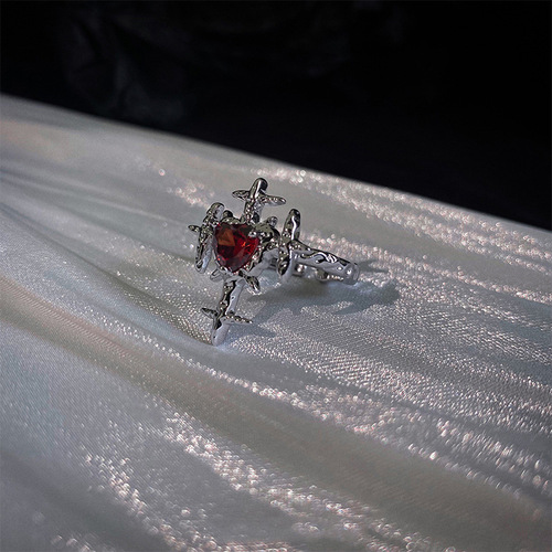 Hip-hop individual niche design dark cross opening ring for women with heart-shaped red zirconia trendy cool fashion finger ring