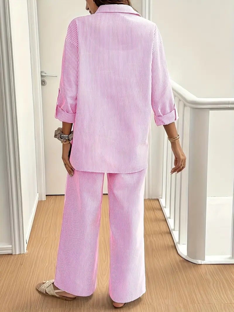 Women's Clothing Elegant Casual Striped Shirt And Straight Leg Trousers Two Piece Set_ecoleips.com