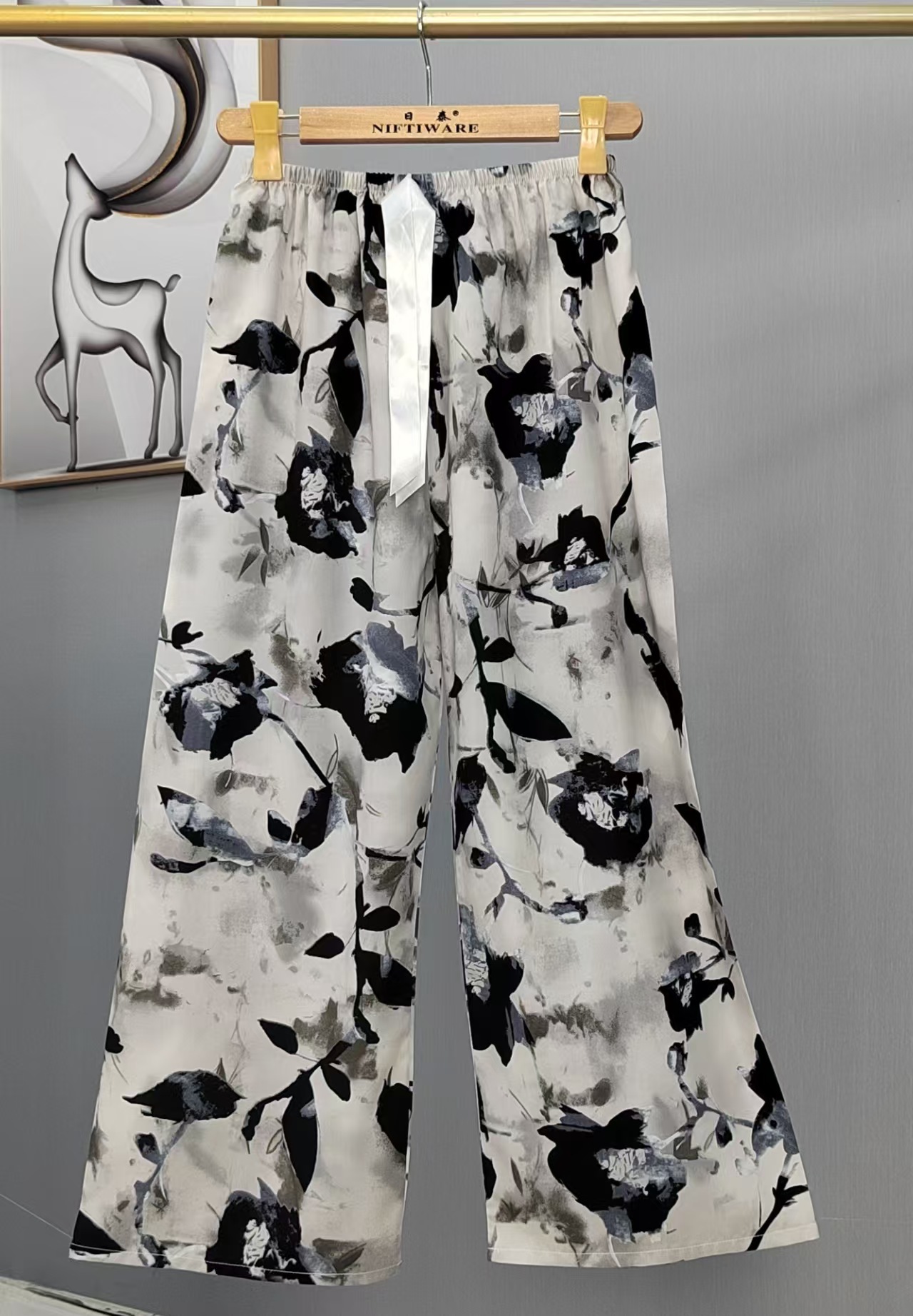 Pijama de seda de algodón para mujer, pantalones anchos de mujer embarazada de seda de algodón con estampado fino de verano