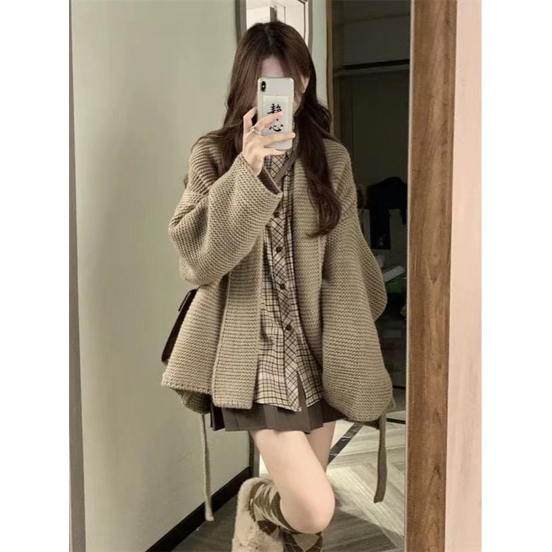 美拉德慵懒风毛衣外套开衫秋冬新款宽松外穿加厚系带针织衫女上衣|undefined